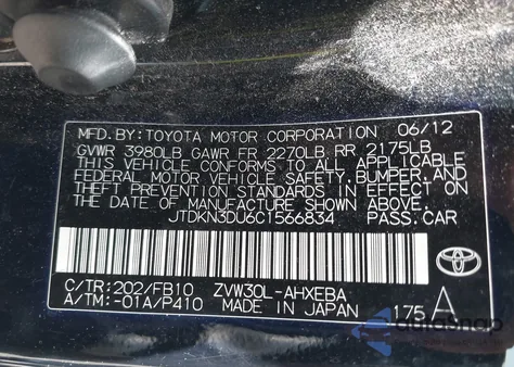 2012 Toyota Prius Two z USA, uszkodzony, nr VIN JTDKN3DU6C1566834